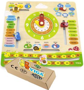 ДЕРЕВЯННЫЙ КАЛЕНДАРЬ С ЧАСАМИ для изучения дат, месяцев, дней VIGA 3+ Монтессори PakaNiemowlaka