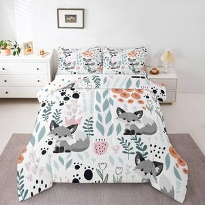 Erosebridal Комплект постельного белья Cartoon Wolf с принтом волка, цветочным узором и лапками, Gray
