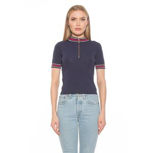 Женский вязаный топ ALEXIA ADMOR Phoebe с короткими рукавами и воротником-стойкой на молнии 1/4, темно-синий