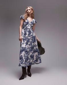 & Other Stories макси-платье с ярусным подолом и рукавами-оборками с синим фарфоровым цветочным принтом