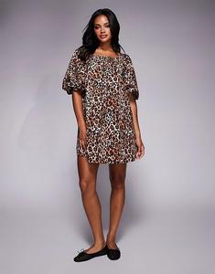 Мини-платье River Island с рукавами-фонариками и леопардовым принтом