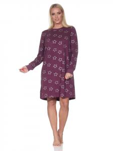 Ночная рубашка из махровой ткани, с длинными рукавами, на манжетах, со звездами ягодного цвета. NORMANN