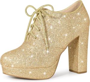 Женские ботильоны Perphy с блестками на платформе и массивном каблуке, с шнуровкой, Gold