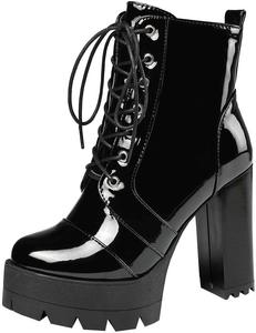 Женские ботильоны Parisuit из лакированной кожи с шнуровкой, на высоком толстом каблуке с платформой, в готическом и панк стиле, Black