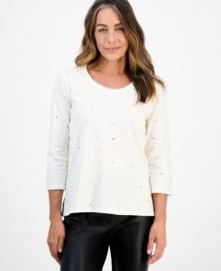 Хлопковый топ с круглым вырезом, украшенный стразами, длиной 3/4, эксклюзивно для Macy's JM Collection, Whisper White