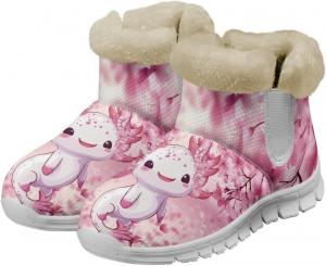 Зимние сапоги с принтом коровы JoyLamoria Sunflower для женщин, утепленные мехом, теплые ботильоны до щиколотки, для холодной погоды, прогулок на улице, снежные ботинки, помощник для легкого надевания, Pink Axolotl