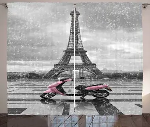 Штора ABAKUHAUS "Эйфелева башня" в деревенском стиле, парижский мотив, штора для спальни со сборками, петлями и крючками, 280 x 245 см, серо-розовый Abakuhaus
