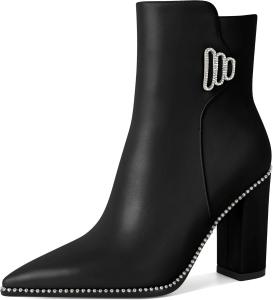 Younton Женские короткие ботильоны с заостренным носком, декорированные бусинами, массивным каблуком 3,7 дюйма и боковой молнией