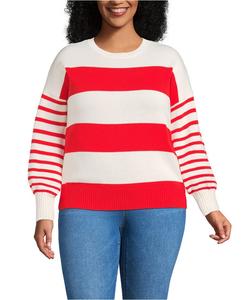 Свитер Drifter Jersey Crewneck больших размеров Lands' End, Coral red/ivory stripes
