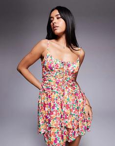 Мини-платье Princess Polly с лифом ками-ками, завязками спереди, асимметричным подолом и розовым цветочным принтом