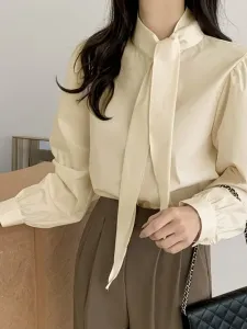 Блузка с завязками на ленте и присборенными рукавами. Женские топы Doux Belle, цвет Beige