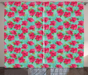 Штора в гавайском деревенском стиле ABAKUHAUS, ботанический гибискус, штора для спальни со сборками, петлями и крючками, 280 x 225 см, пурпурный цвет морской пены и зеленый Abakuhaus