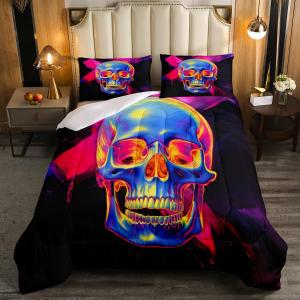 Erosebridal Комплект постельного белья Hot Pink and Black Skull с готическим принтом черепов и неоновым дизайном, Hot Pink Black