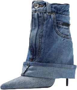 Женские джинсовые ботильоны с отворотом, заостренный носок, молния, ковбойская пряжка, шпильки, высокие каблуки, модные ботинки Trelako, Blue