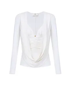 Свитер из крепового трикотажа с декоративным логотипом в виде драгоценного камня. Elisabetta Franchi, белый