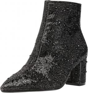 Женские кристальные ботильоны FSJ, заостренный носок, низкий массивный каблук, короткие ботинки с боковой молнией, удобные, блестящие, праздничные туфли, размер 4-15 US, Black Crystal