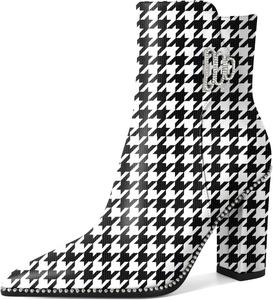 Younton Женские короткие ботильоны с заостренным носком, декорированные бусинами, массивным каблуком 3,7 дюйма и боковой молнией