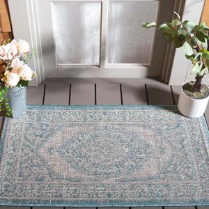 Ковер SAFAVIEH, 61 x 110 см, Washable Rug Outdoor Courtyard Collection - , Light Grey & Aqua Blue, не линяет и легко чистится, идеален для патио, входной двери, прихожей, придверный ковер (CY8751-37112)