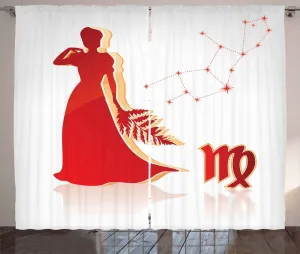 Шторы ABAKUHAUS Знак зодиака Дева в деревенском стиле, сияющие женские звезды, универсальные ленточные шторы для гостиной с петлями и крючками, 280 x 175 см, цвет: ярко-красный, бледно-серый Abakuhaus