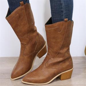 Женские ковбойские сапоги Ladmiple с широкой голенью, невысоким каблуком, до колена, ковбойские сапоги с вышивкой, ретро стиль, высокие сапоги, без застежки, Brown