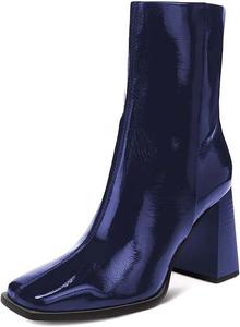 Женские ботильоны XYD с высоким массивным каблуком, закрытым квадратным носком, боковой молнией, короткие, из лакированной кожи, на зиму и осень, для улицы, стильные, Navy