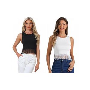 2 упаковки ребристого топа для женщин с круглым вырезом, без рукавов, укороченного, с отделкой кисточками Inspire Chic, Black White