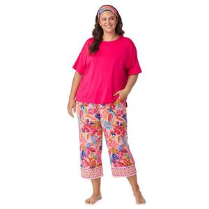 Пижамный комплект Plus size с коротким рукавом и капри Cuddl Duds, Pink Tropical Border