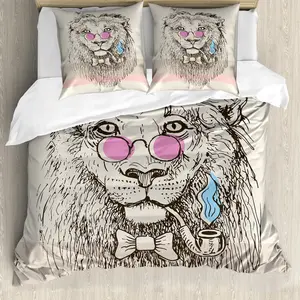 Пододеяльник ABAKUHAUS с изображением животных, в стиле хипстера с головой льва, с защитой от клещей, подходит для аллергиков с наволочками, 200 x 200 см - 80 x 80 см, нежно-голубой, светло-розовый