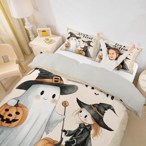Erosebridal Комплект постельного белья Happy Halloween с мультяшными привидениями, ведьмами, тыквами и летучими мышами, Beige Black