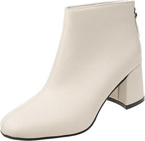 Женские кожаные ботильоны ручной работы с квадратным носком, задней застежкой-молнией, средним массивным каблуком, ретро стильные ботинки до щиколотки для свадьбы и моды Generic, Beige