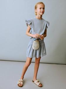 Детский топ с вышивкой и оборками на рукавах из хлопка Mango, Lt-pastel Blue