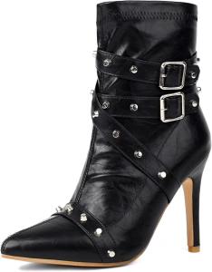 Женские ботильоны UP2STEP с классическим острым носком, шпилькой, заклепками, двойной пряжкой и боковой молнией, для вечеринок и свиданий, Black