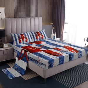 Erosebridal Детский комплект постельного белья Lobster 3D с геометрическими полосками и морскими животными, мягкий материал, винтажный морской стиль, мультяшный океанский дизайн, Red Blue White
