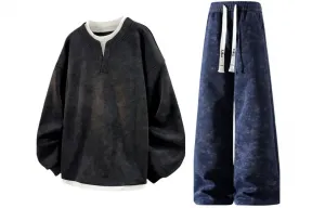 Повседневный спортивный свитер с круглой горловиной Unisex Moderate X1617, черный fleece-lined sweatshirt+темно-синий fleece-lined pants