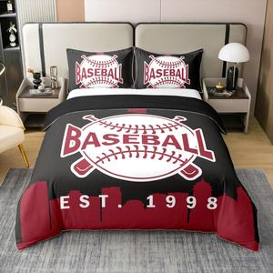Erosebridal Комплект постельного белья Baseball City для детей и подростков, спортивная тематика, 100% хлопок, черно-красный, Black Red