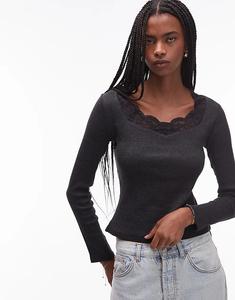 Лонгслив ASOS DESIGN с длинными рукавами и отделкой из кружева в рубчик, антрацитовый цвет