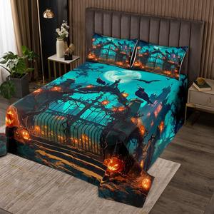 Erosebridal Комплект постельного белья Happy Halloween с принтом тыквы, фонарей, призраков и пауков в готическом стиле, Teal Orange