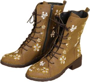 Винтажные вышитые ботильоны на щиколотку для женщин, с боковой молнией, цветочным узором, шнуровкой, из кожи, с массивным средним каблуком, осенне-зимние ботильоны, удобные с округлым носком, средняя голень, ретро повседневная обувь Generic, Khaki