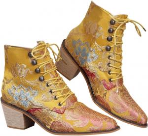 Женские винтажные цветочные вышитые ковбойские ботильоны с блок-каблуком, заостренным носком, шнуровкой и массивным каблуком Generic, Yellow