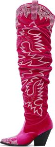 Женские ковбойские сапоги Cape Robbin с вышивкой и стразами, высокие до бедра, свободного кроя, с широкой голенью, на подкладке с эффектом памяти и каблуком 3 дюйма (Lish.a), Fuchsia