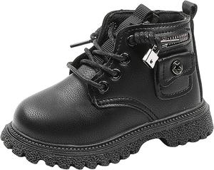 Сапожки для маленькой девочки, детские ботинки на молнии сбоку, легко надеваются, боевые ботинки с низким каблуком, рифленой подошвой, на шнуровке, мягкая подошва, нескользящие короткие ботинки до щиколотки для маленьких девочек Generic, Black