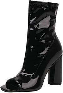 Женские эластичные ботильоны Parisuit с открытым носком и массивным высоким каблуком, Black Patent-9Cm