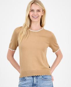 Женский свитер с короткими рукавами и круглым вырезом, отделанный фестончатым краем Nautica Jeans, Tannin/ Bright White