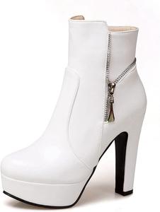 Женские ботильоны VOKLIN с массивной платформой, высоким каблуком-блоком, круглым носком и боковой молнией, модные короткие ботинки, White-Velvet Lined