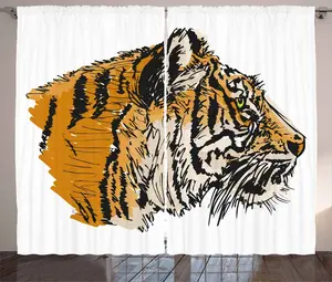 Штора ABAKUHAUS Тигр в деревенском стиле, эскиз Бенгальский хищник, штора из тесьмы для спальни со сборками, петлями и крючками, 280 x 245 см, бледно-коричневый, черный Abakuhaus