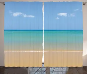 Штора ABAKUHAUS "Рустикальный пейзаж", "Успокаивающий пляж, жаркое солнце", присборенная штора из тесьмы для спальни с петлями и крючками, 280 x 245 см, кремово-бирюзовый