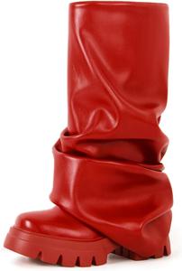 Женские ботильоны с платформой, круглым носком и отворотом до середины икры, на массивном каблуке, без застежки, модные ботинки-акулы для вечеринок Driceic, M-Red