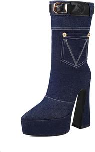 Женские джинсовые ботильоны на платформе с пряжкой в ковбойском стиле, заостренным носом, высокими массивными каблуками, заклепками и вышивкой YUHATRG, Dark Blue