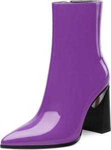 Женские ботильоны, 3,5 дюйма с заостренным носком, лакированные ботильоны на высоком каблуке, короткие ботинки с массивным каблуком и боковой молнией Heisnemca, Purple Patent