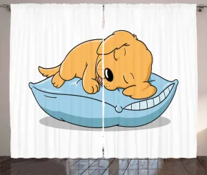 Штора ABAKUHAUS "Спящий щенок" в деревенском стиле с золотистым ретривером, универсальная, для гостиной, с петлями и крючками, 280 x 175 см, нежно-оранжевый, нежно-голубой Abakuhaus